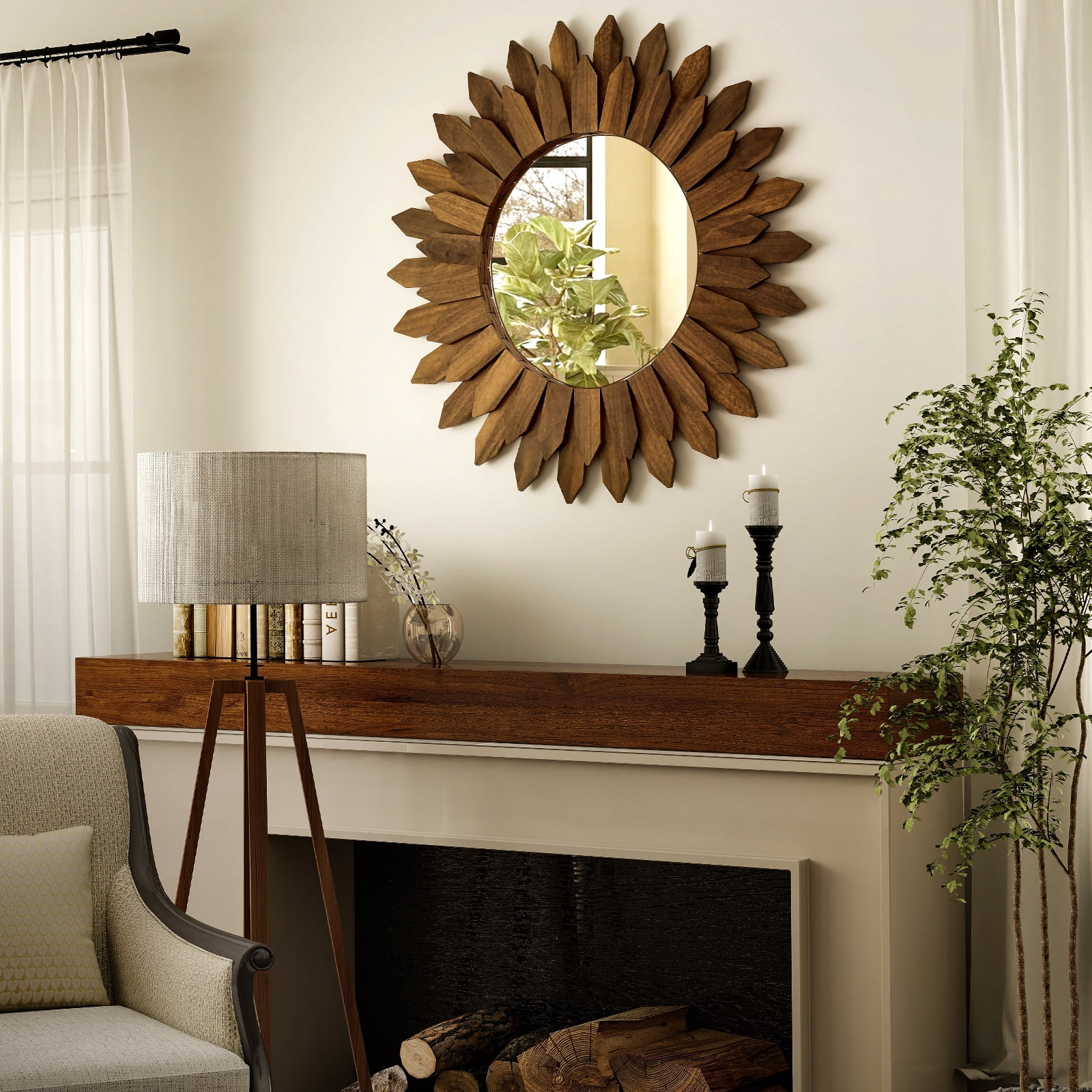 Easy4Home 20" Rustic Wood Mirror Wall Decoration Hanging Round Mirror,Dark Brown