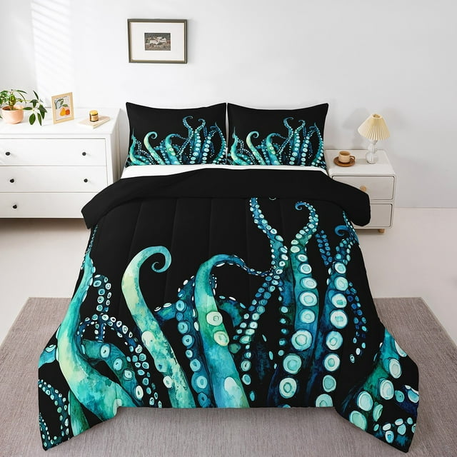 Erosebridal Ocean Octopus Bedding King Comforter Set For Teen,Marine Wildlife Bedding Sets King with Comforter,Breathable Reversible Comforter Sets King Size,Sea Decor