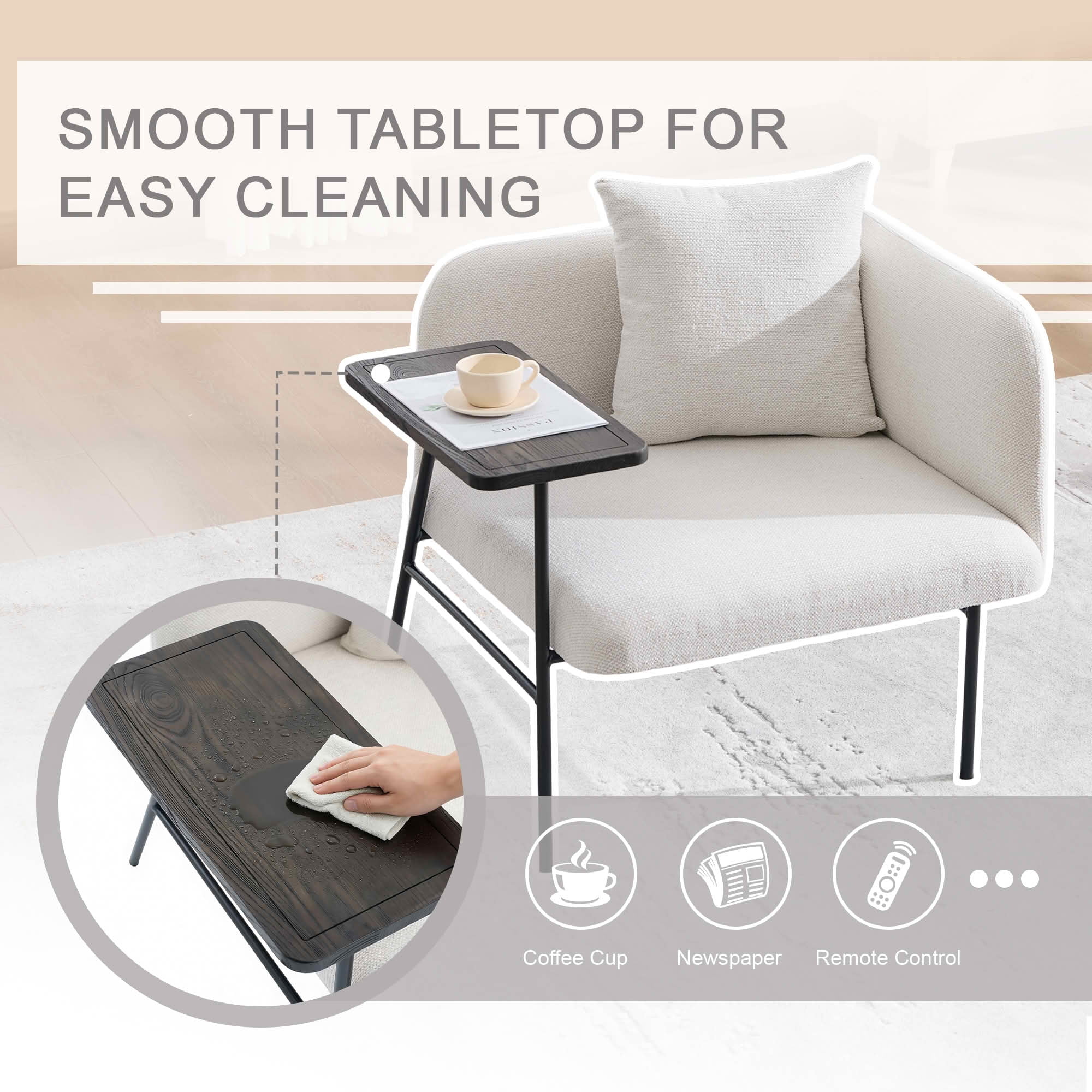 MAYEERTY Leisure Lounge Chair with Side Table & Back Pillow, Armchair, Beige, Living Room Bedroom