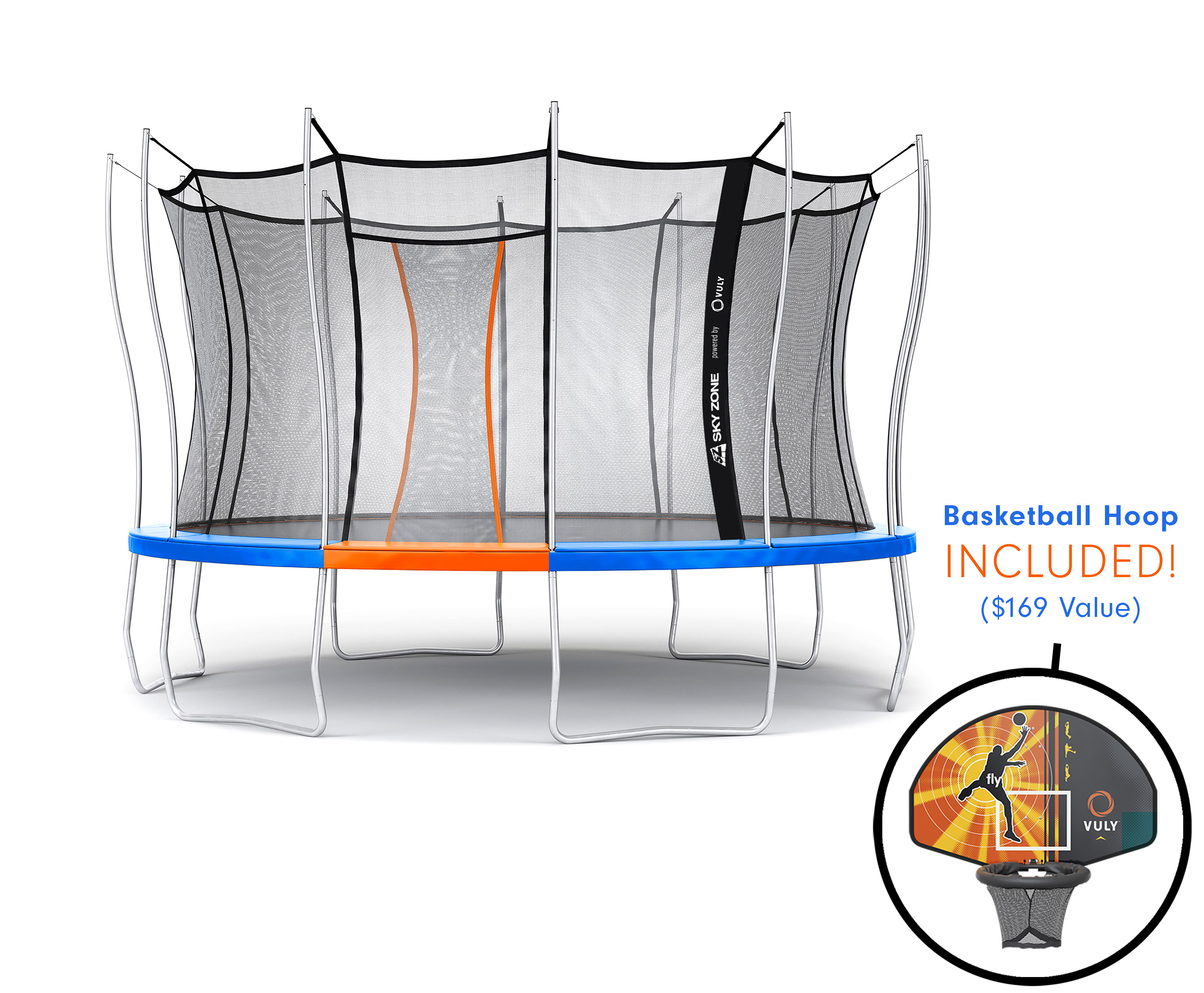 Official Sky Zone x Vuly 14-Foot Trampoline and Basketball Hoop, Self-Closing Door