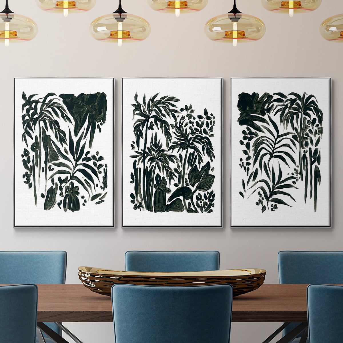 Ink Jungle I - Framed Premium Gallery Wrapped Canvas L Frame 3 Piece Set - Ready to Hang