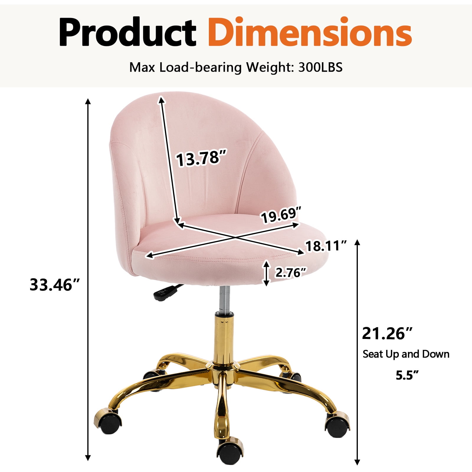 Modern Velvet Small Office Chair,Cute Desk Chair With Wheels,Gold Base/Studs, Comfy Armless Swivel Vanity Task Chair For Women/Girl/Kids, Nail Tech Chair For Bedroom,Small Space,Pink
