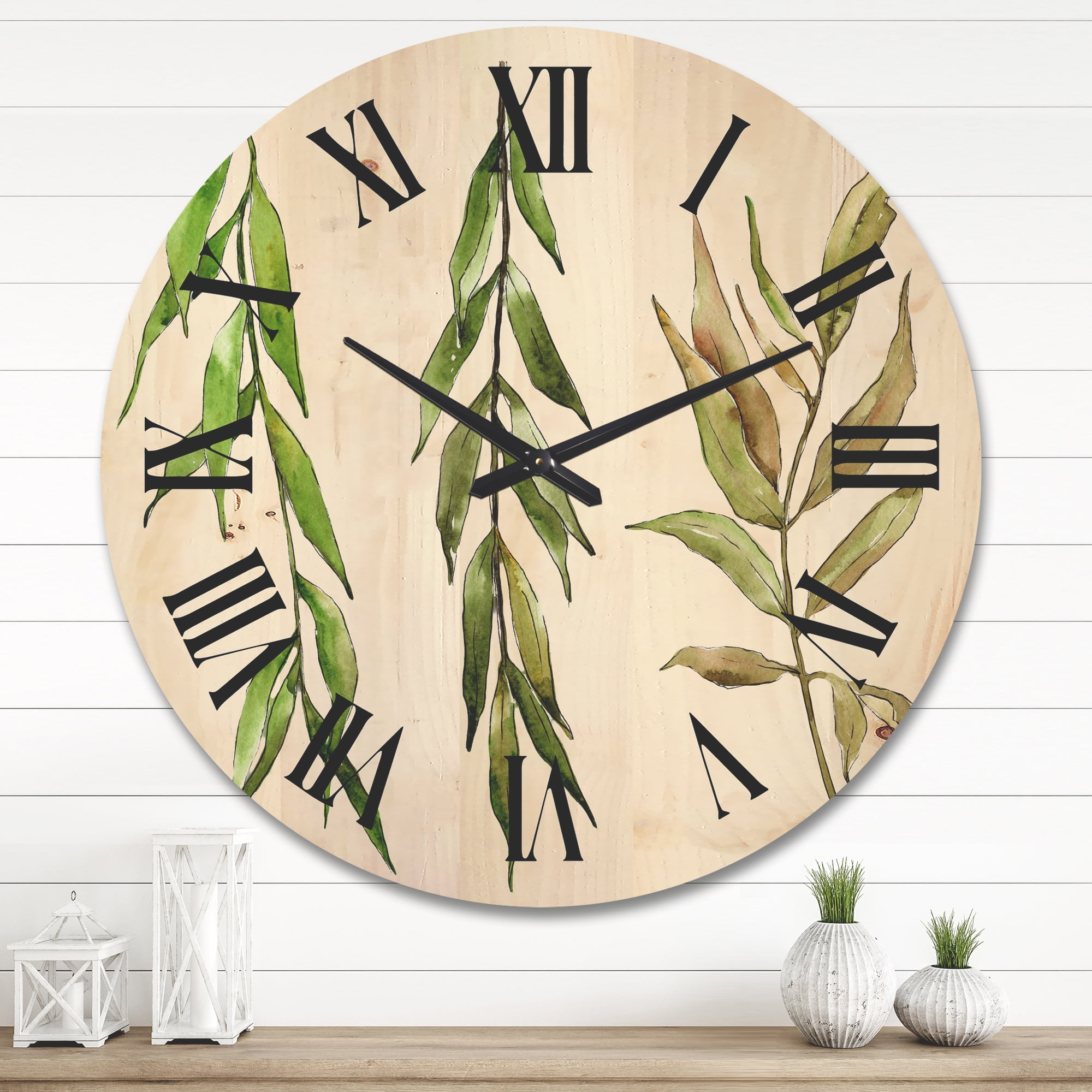Designart 'Three Willow Branches On White' Farmhouse Wood Wall Clock