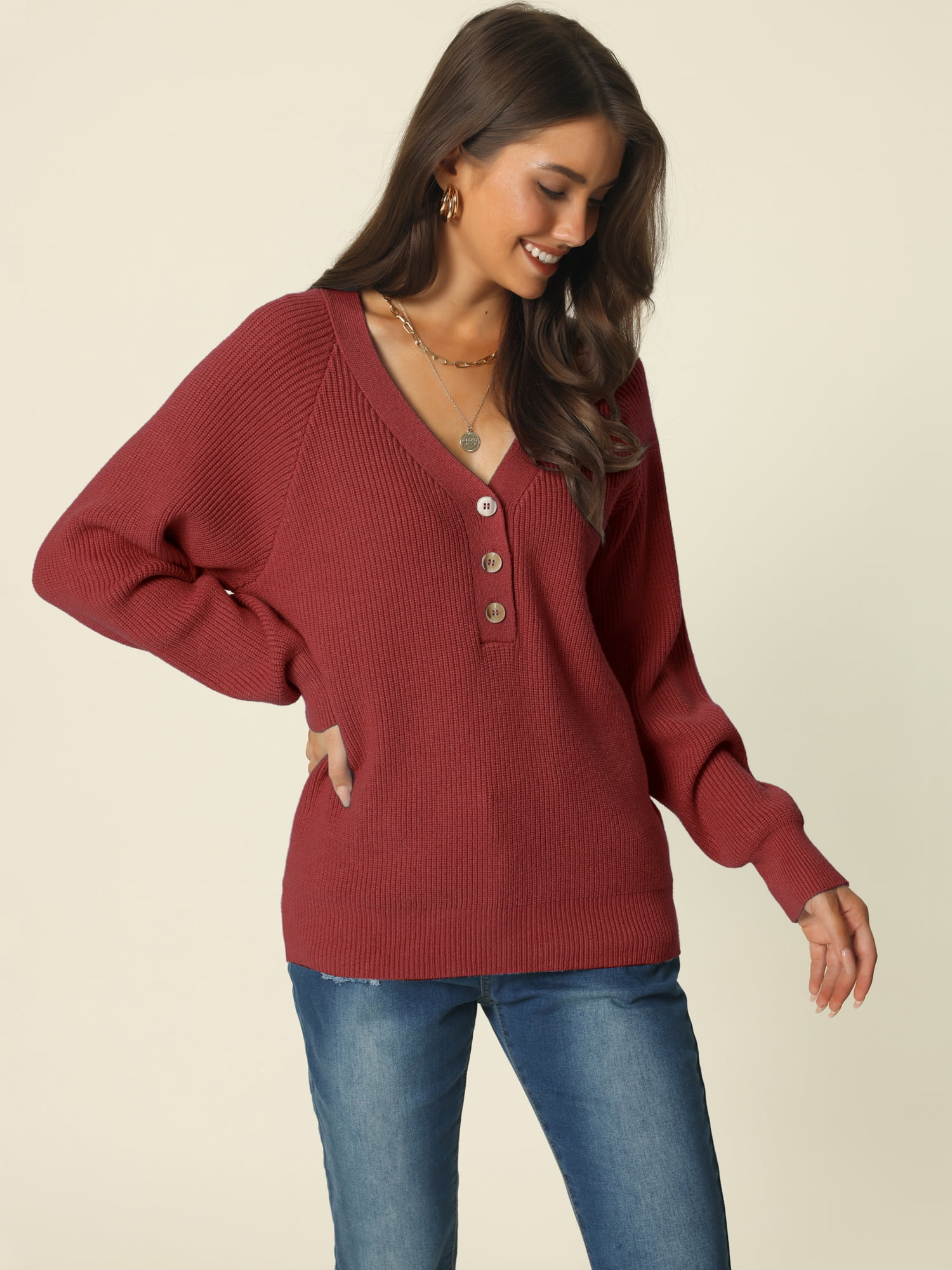 Women's V Neck Button Up Long Sleeve Ribbed Knit Loose Chunky Warm Pullover Sweater Top L Wine Red