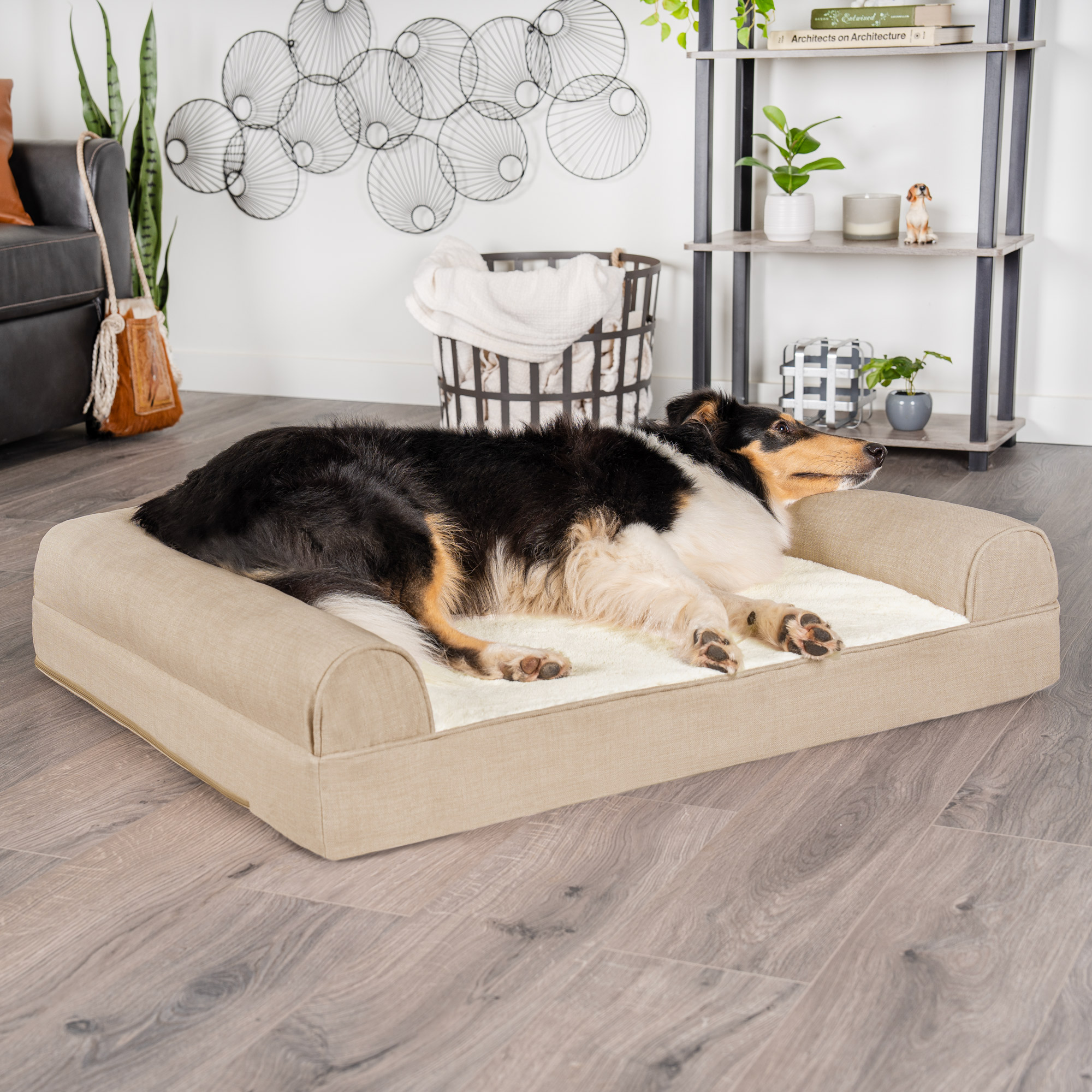 FurHaven Plush & Performance Linen Orthopedic Sofa Pet Bed for Dogs & Cats - Flax, Jumbo