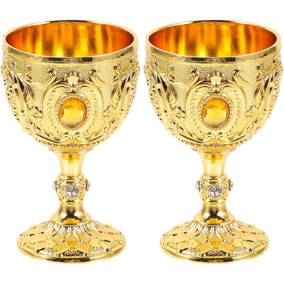 Joylore 2Pcs Golden Wine Cups - 30ml Royal Chalices Wine Glass Embossed Design Medieval European Style Metal Cups