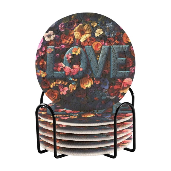 Haosy Set of 6 Drink Woven Coaster with Holder Heat Resistant Non-Slip Bar Coasters 4 Inches Love Made Of Colorful Flowers