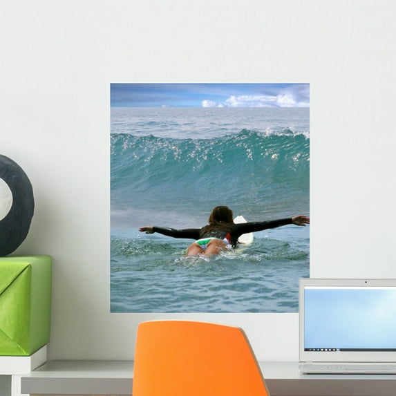 Young Girl Surfing Malibu Wall Mural by Wallmonkeys Peel and Stick Graphic (18 in H x 16 in W) WM87977