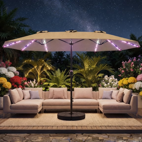 TASKBAY Patio Umbrella 48 LED Colorful Lights, 15ft Double Sided Outdoor Large Rectangular Patio Umbrella with Crank Handle, for Lawn Garden, Home, Outdoor Activities, Beige(with Base)