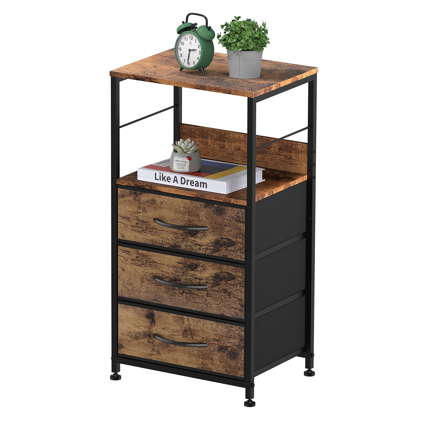 Nightstand for Bedroom End Side Table with 3 Drawers and Open Shelf Wood, Brown