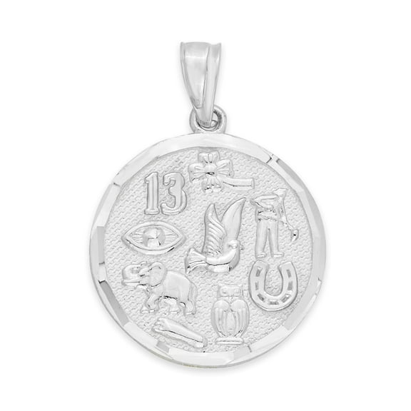 14K Solid White Gold Lucky Charm Pendant, Diamond Cut Finish, Fits up to 3mm Chain