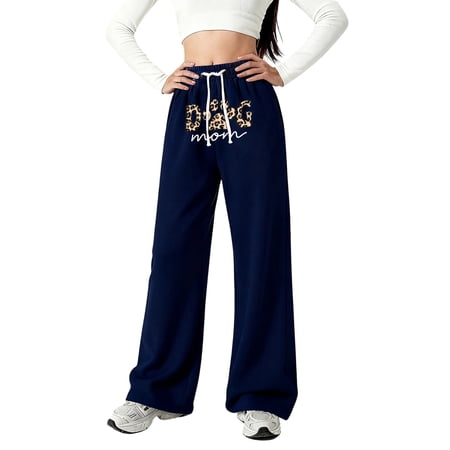 BJUTIR Girls Pants Letter Print Casual Wide Leg Pants Loose Fit Comfortable Pants For Youth Children Fashion Basic Navy Trousers Size 11-12 Years
