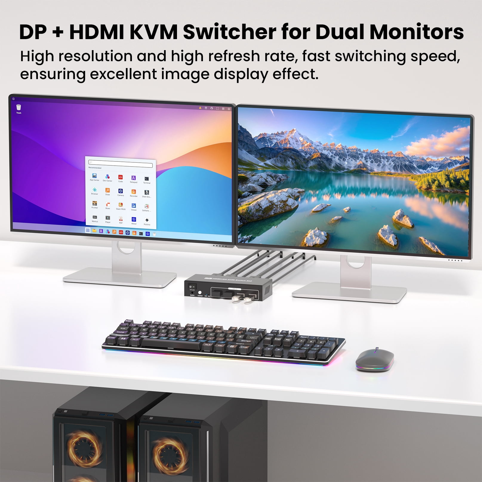 8K60Hz 4K120Hz HDMI DP KVM Switch 2 Monitors 2 Computers, Dual Monitor HDMI Displayport KVM Switch– USB 3.0, Two Switching Methods, 8K High-Resolution Support