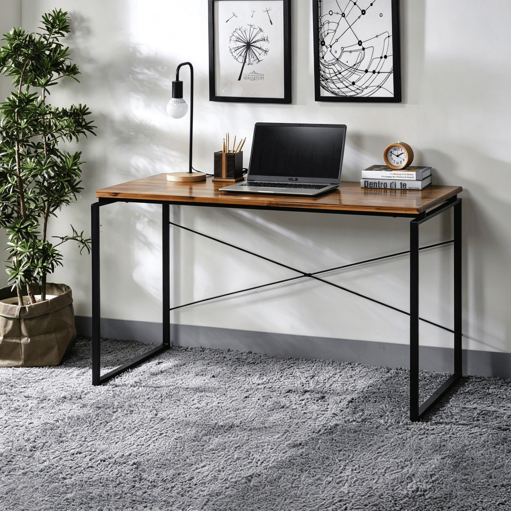 Astoutdoor Metal Frame Writing Desk, Oak and Black Finish, Home Office Laptop Table
