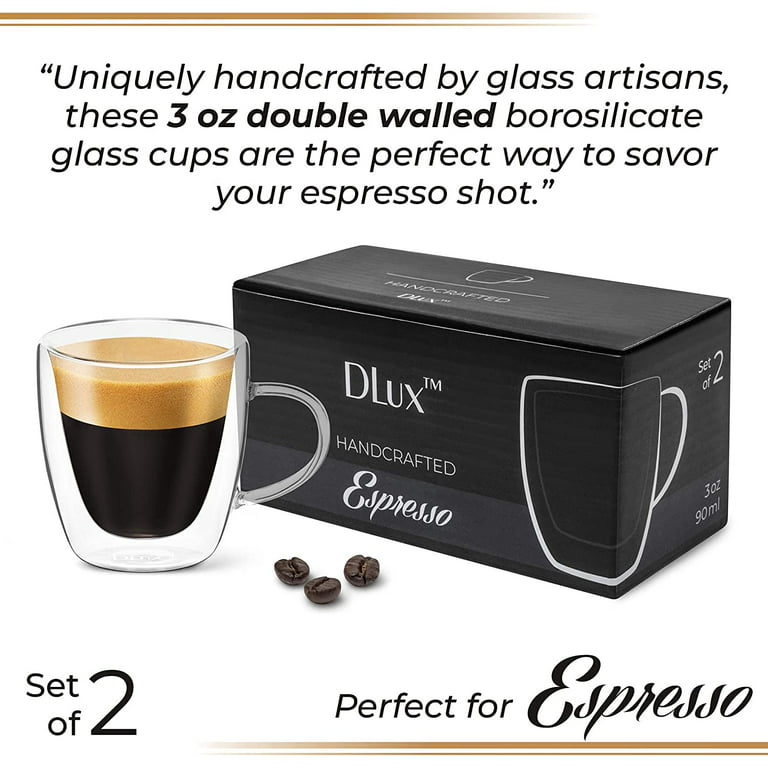 Dlux Espresso Coffee Cups 3oz, Double Wall, Clear Glass Set of 2 Glasses, Insulated Borosilicate Glassware Tea Cup Mug