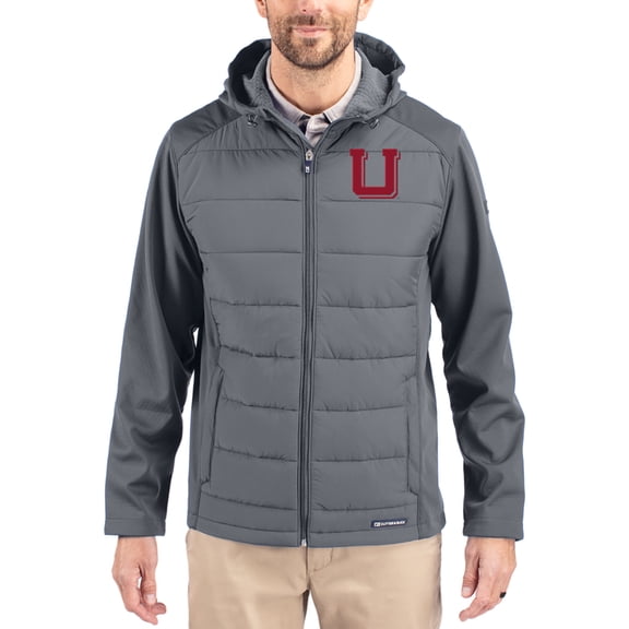 Men's Cutter & Buck Gray Utah Utes Evoke Hybrid Eco Softshell Recycled Full Zip Hooded Jacket