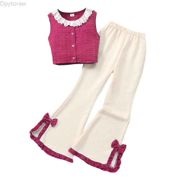 Dpytoraw Girls Fashion Bow Knot Sleeveless Crop Top And Flared Pants Outfit Casual Summer Wear Girls Pants Sets Size 9-10 Years