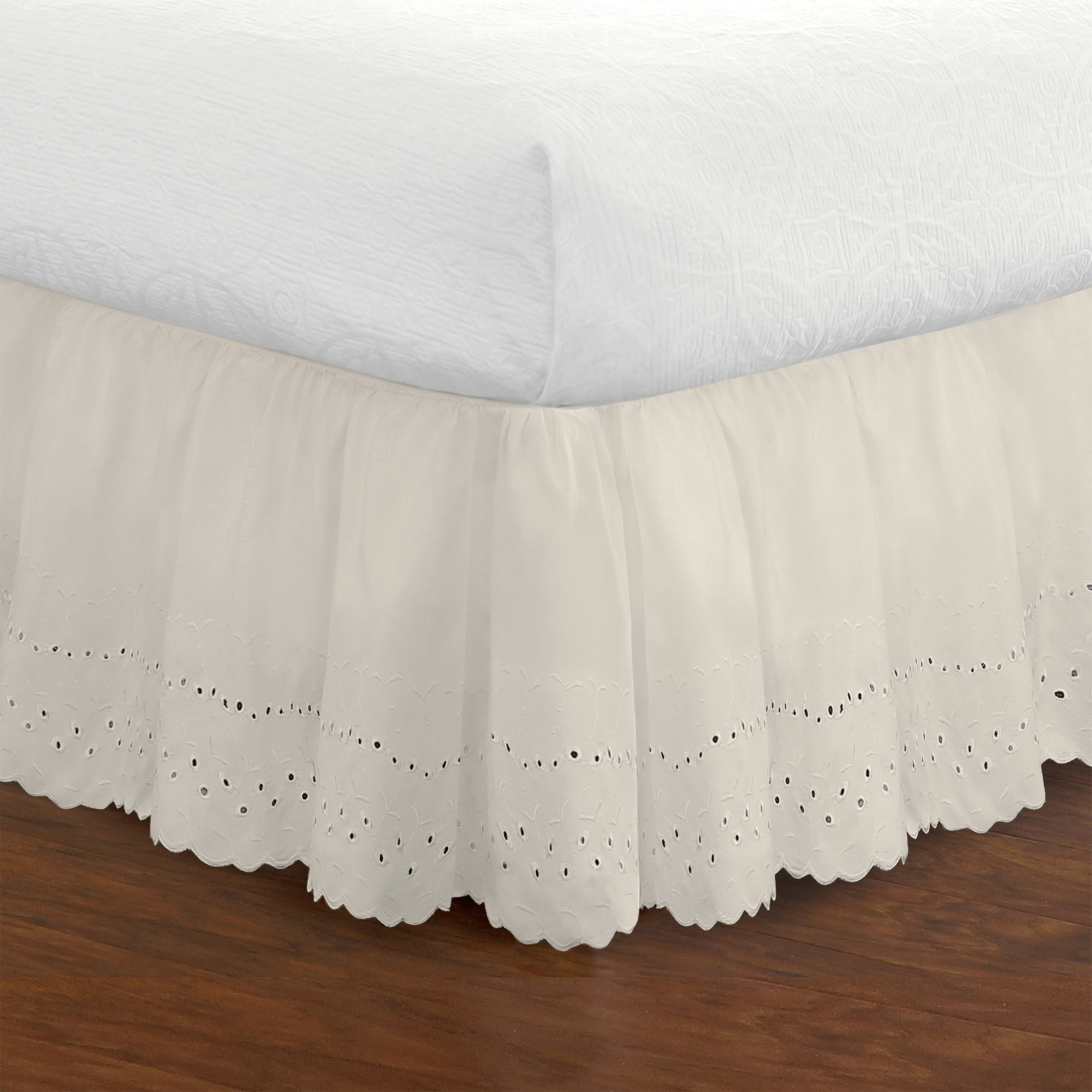 WHITE EYELET DUST RUFFLE ELASTIC BEDSKIRT 14" DROP---TWIN----ALSO COMES IN BEIGE 