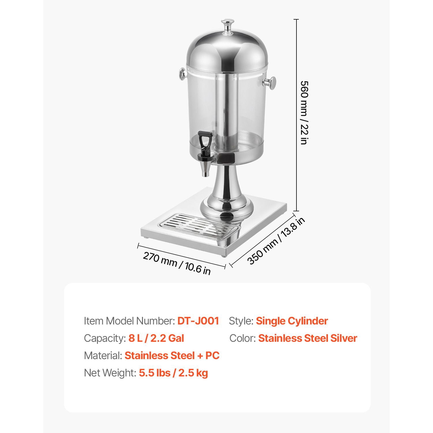 2.1 Gallon Beverage Dispenser with Ice Chamber, Drip-Free Spigot, Wide-Mouth Design, Food-Grade PC, for Parties Restaurants Hotels
