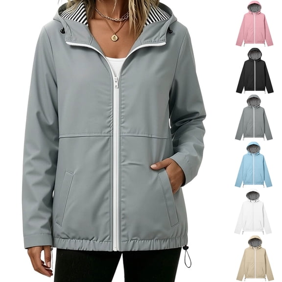 Xaqiouau Womens Solid Color Polyester Waterproof Hooded Jacket Mid‑Length Zip‑Up Coat With Adjustable Drawstring Hem Outdoor Casual Windbreaker Gray M