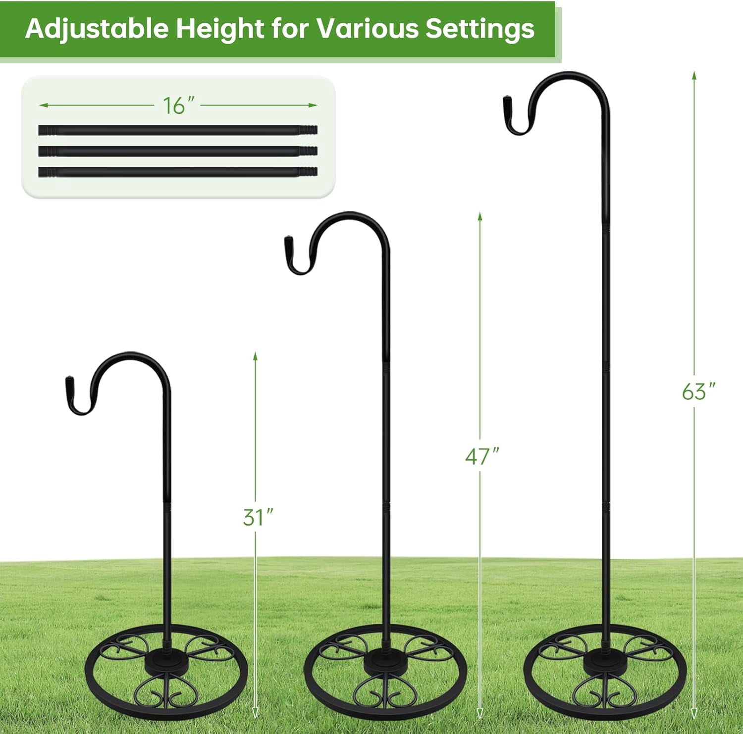 Upgraded Adjustable Shepherds Hooks for Outdoor Indoor, 63 Inch Wind Chime Stand, Shepherds Hooks for Hummingbird Feeders, Hanging Plants, Lanterns, Wind Chime