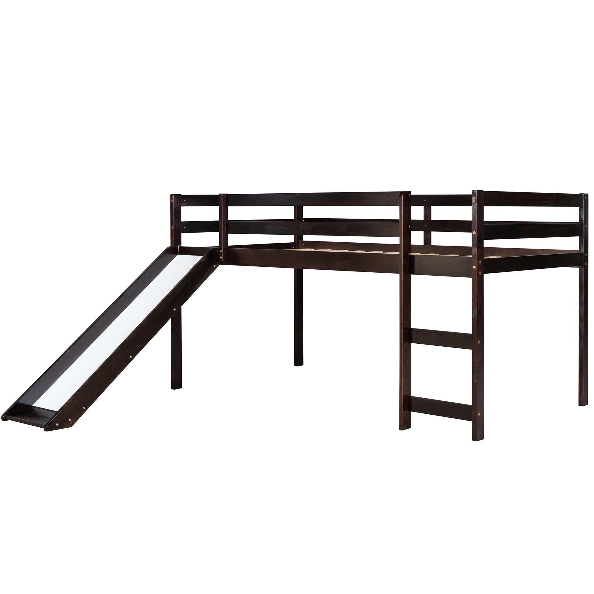 Aukfa Low Loft Bed with Slide, Wooden Twin Loft Bed for Kids Teens - Espresso