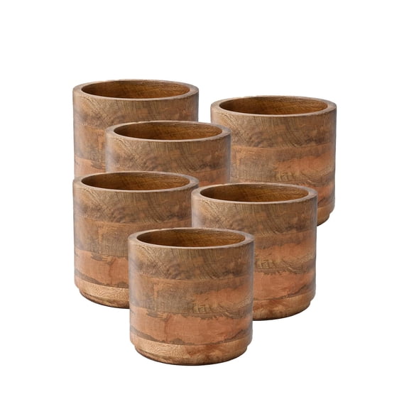 Medium Mango Wood Cachepot for Plants - 6.5" Diameter & 6" Tall, Set of 6