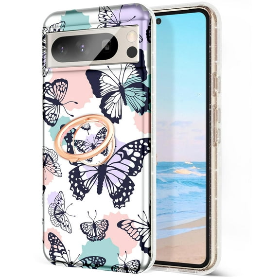 CASEFIV for Google Pixel 8 Pro 5G Case,Heavy Duty with Rotation Ring Magnetic Car Mount Full Body Shockproof Rugged Protection Slim Cover for Google Pixel 8 Pro 5G 2023 6.7 inch,Butterfly