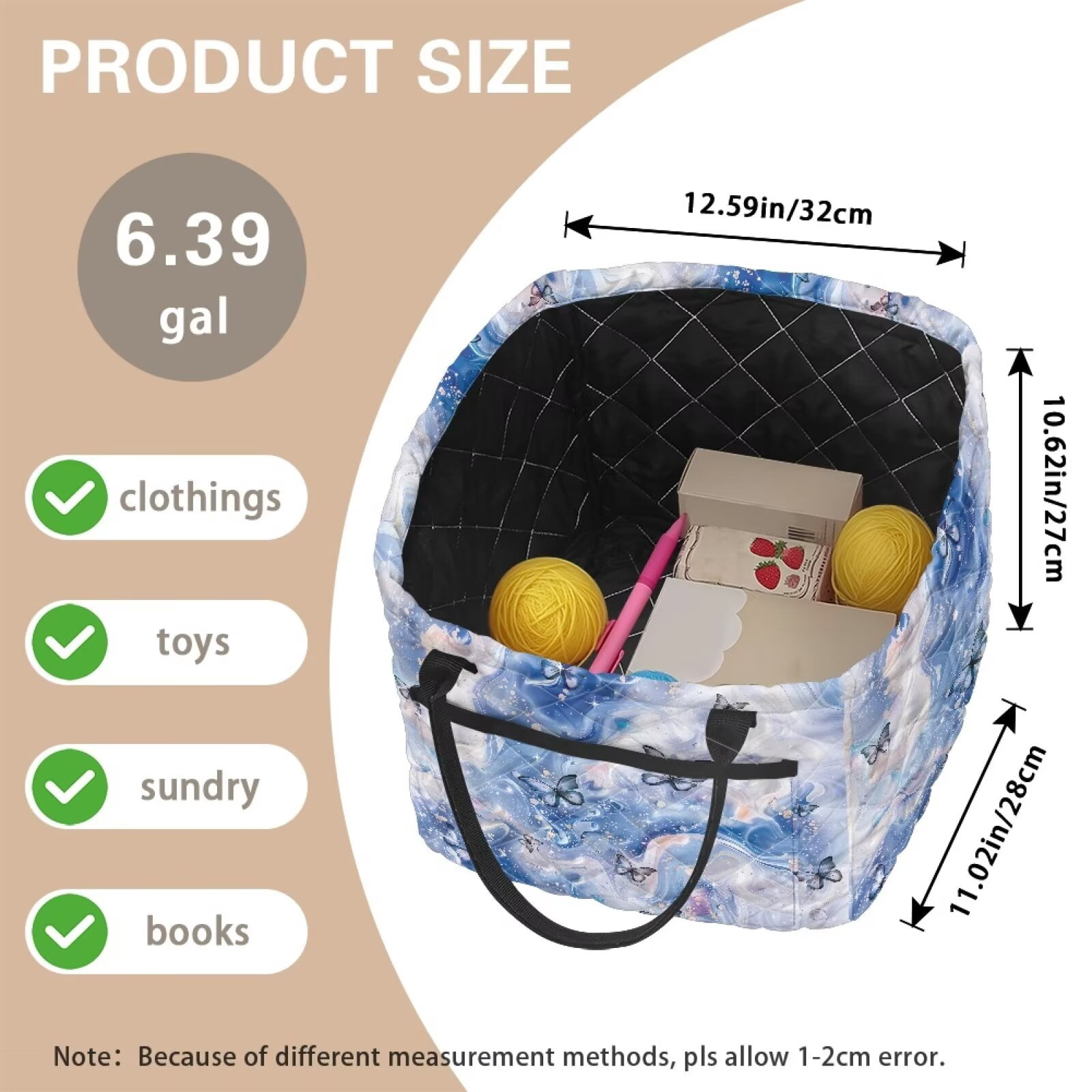 Yuyamidu Blue Marble Butterfly Quilted Laundry Basket with Easy Carry Handles Large Capacity Laundry Basket Nursery Organizer Bin for Home, Picnic, Shopping, Travel