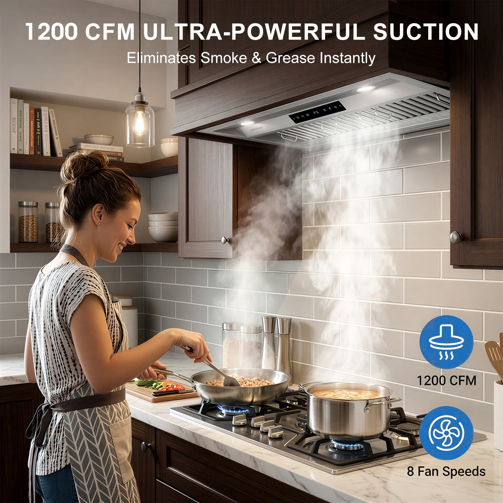 VENFAN 30 Inch Range Hood Insert, 1200 CFM Ultra Quiet DC Motor, Gesture & Touch Control, Ducted/Ductless Convertible, Stainless Steel Built-in Kitchen Vent Hood