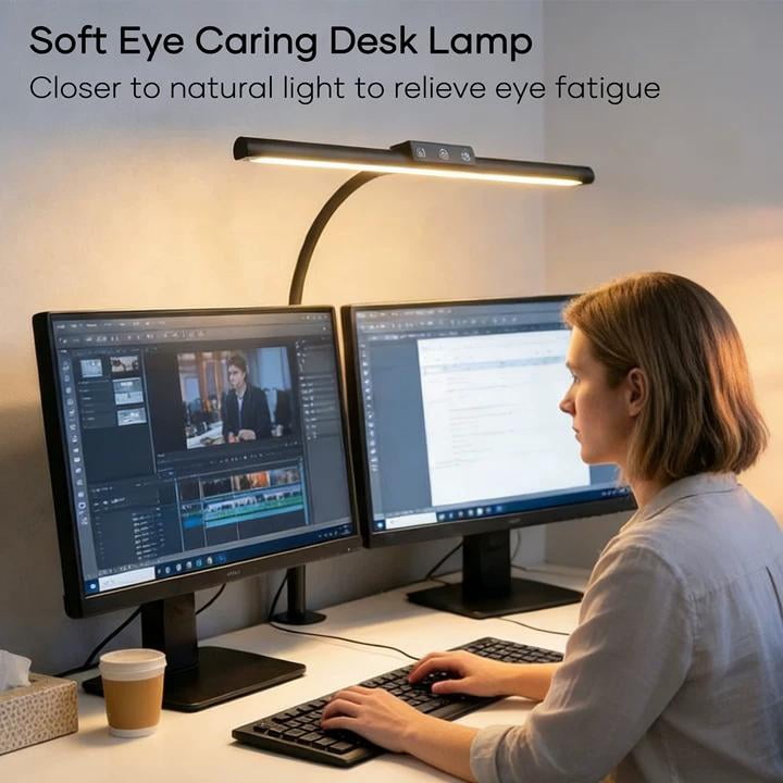 ORFELD LED Desk Lamp with Clamp, Stepless Dimming, Flexible Gooseneck for Office & Home, 8W USB Adapter Desk Light for Reading Study Workbench, Black