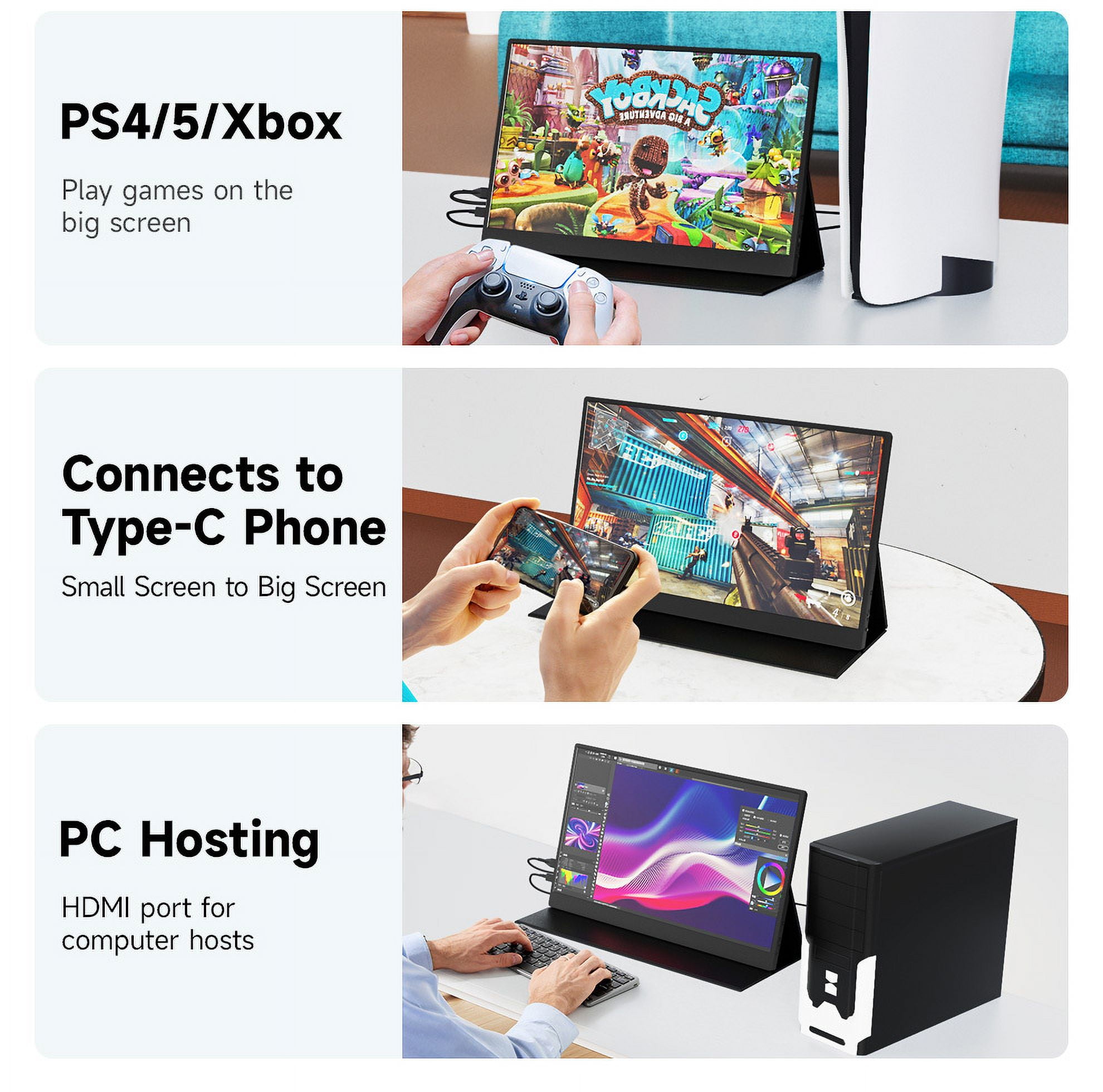 XGERTGI 15.6 Inch FHD Portable Monitor, Ultra-Slim USB-C Travel & Gaming Second Screen for Laptop and Phone, Includes Smart Cover, Black