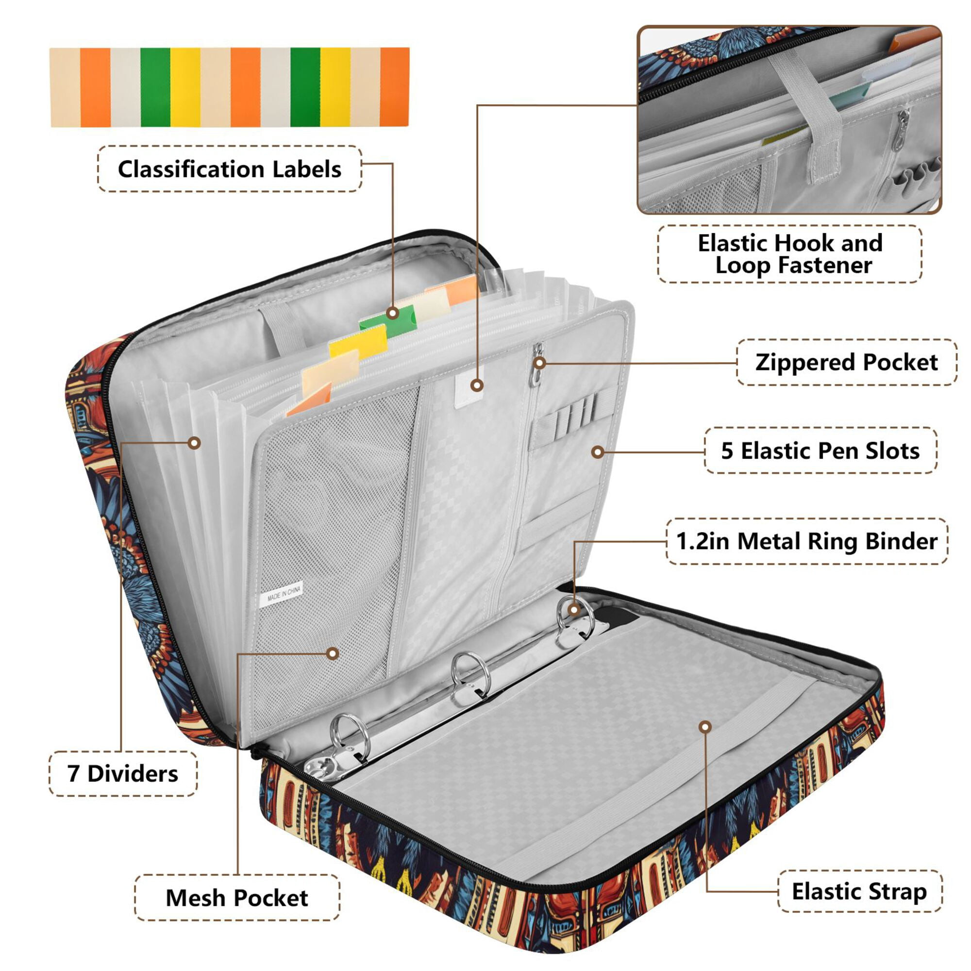 FORMRS Accordion File Folder A4 Size 7-Pocket Expanding Document Organizer Bag with 3 Ring Binder, Blue Geometric Eagle