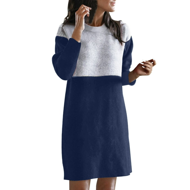 Ladies Round Neck Long Sleeve Patchwork Dress Loose Casual Sweater Dress Women s Casual Dress Blue M