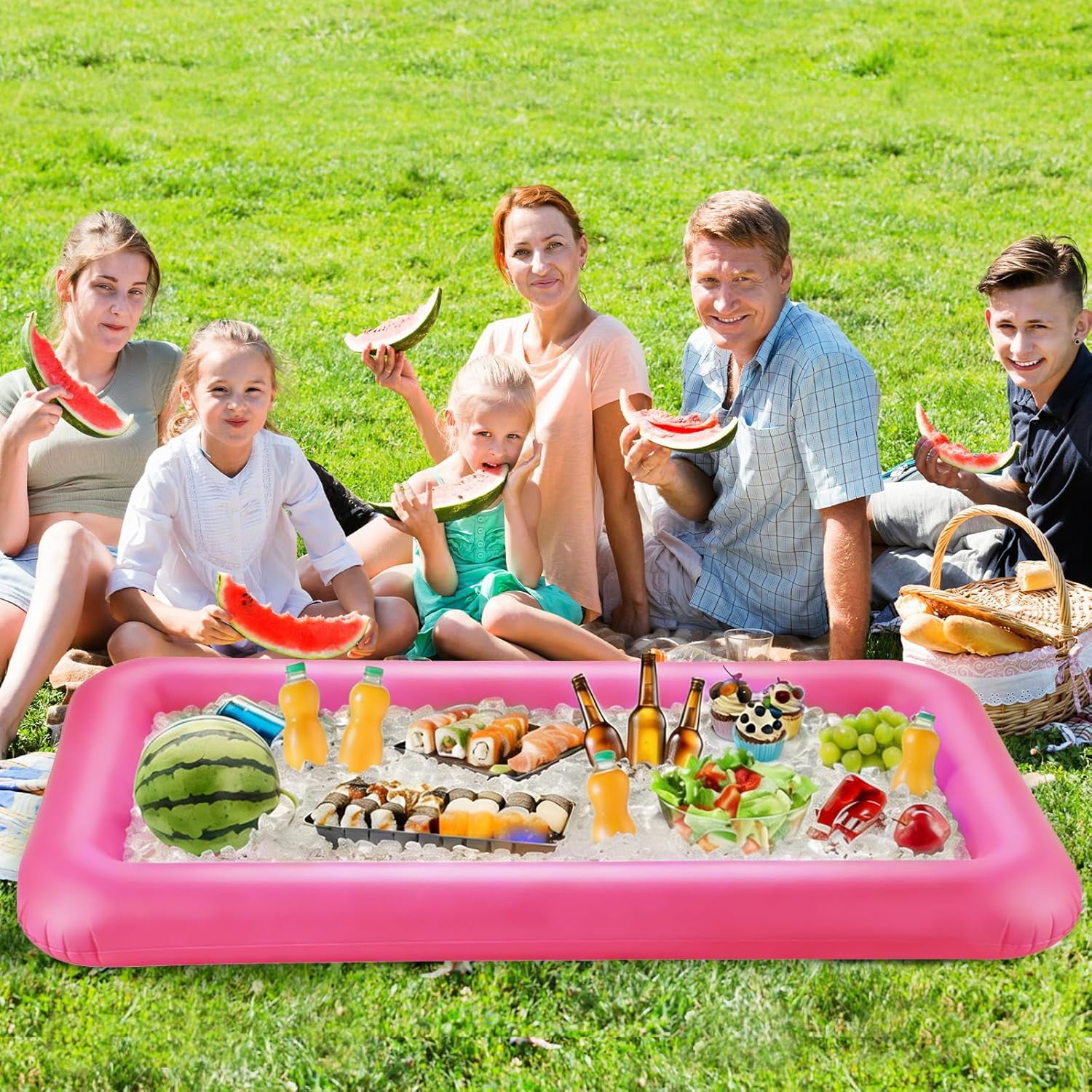 Large Inflatable Ice Serving Bar for Food, Drinks, Salad, Floating Buffet Cooler Tray with Drain Plug for Pool Party, BBQ, Picnic, Camping, Beach, and Outdoor Supplies Rose Pink