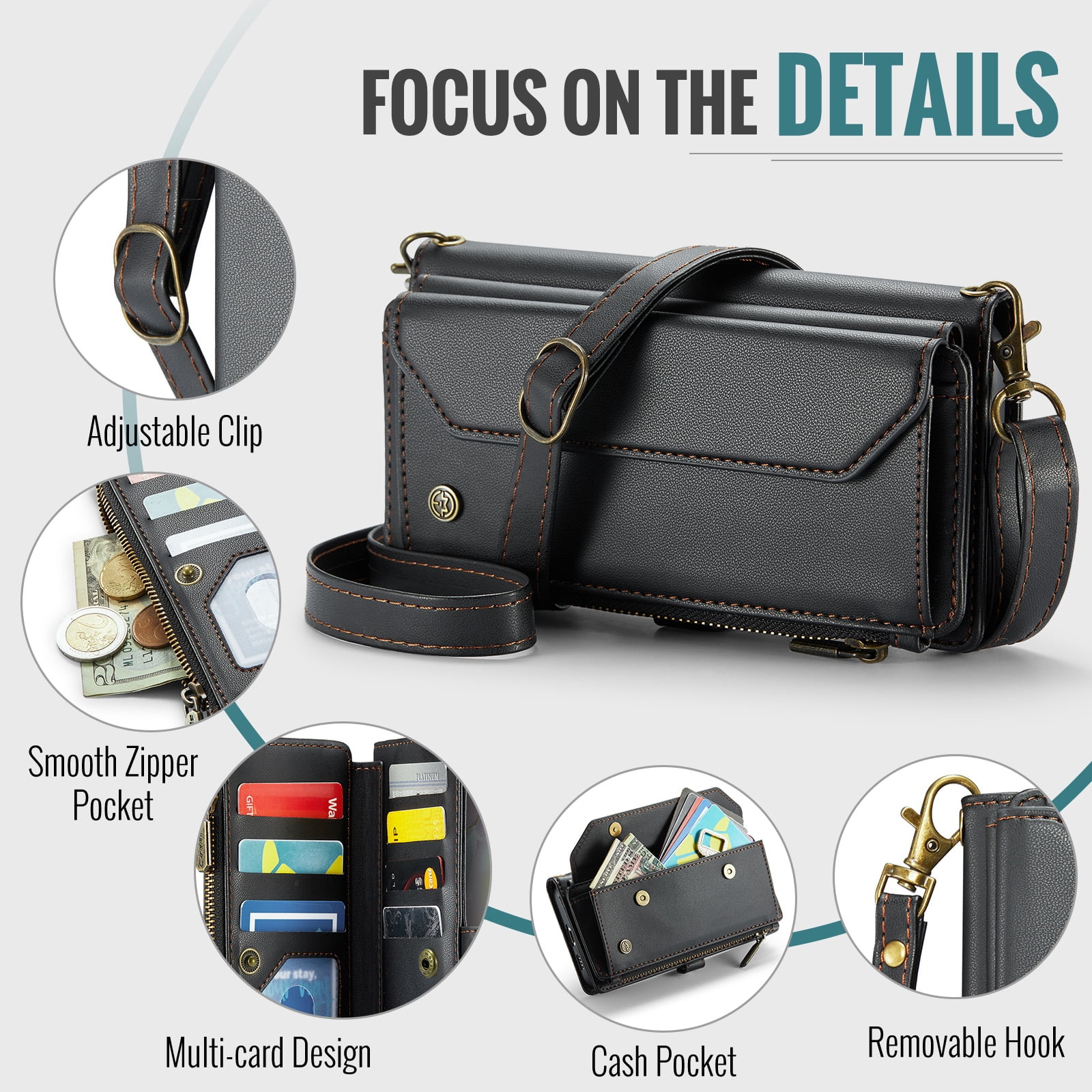 for Samsung Galaxy A14 5G Full Body Protection Wallet Folio Flip Case, Shoulder Strap & Wristlet Card Slots Zipper Pocket RFID Blocking Rugged Durable PU Leather Phone Case Cover, Black