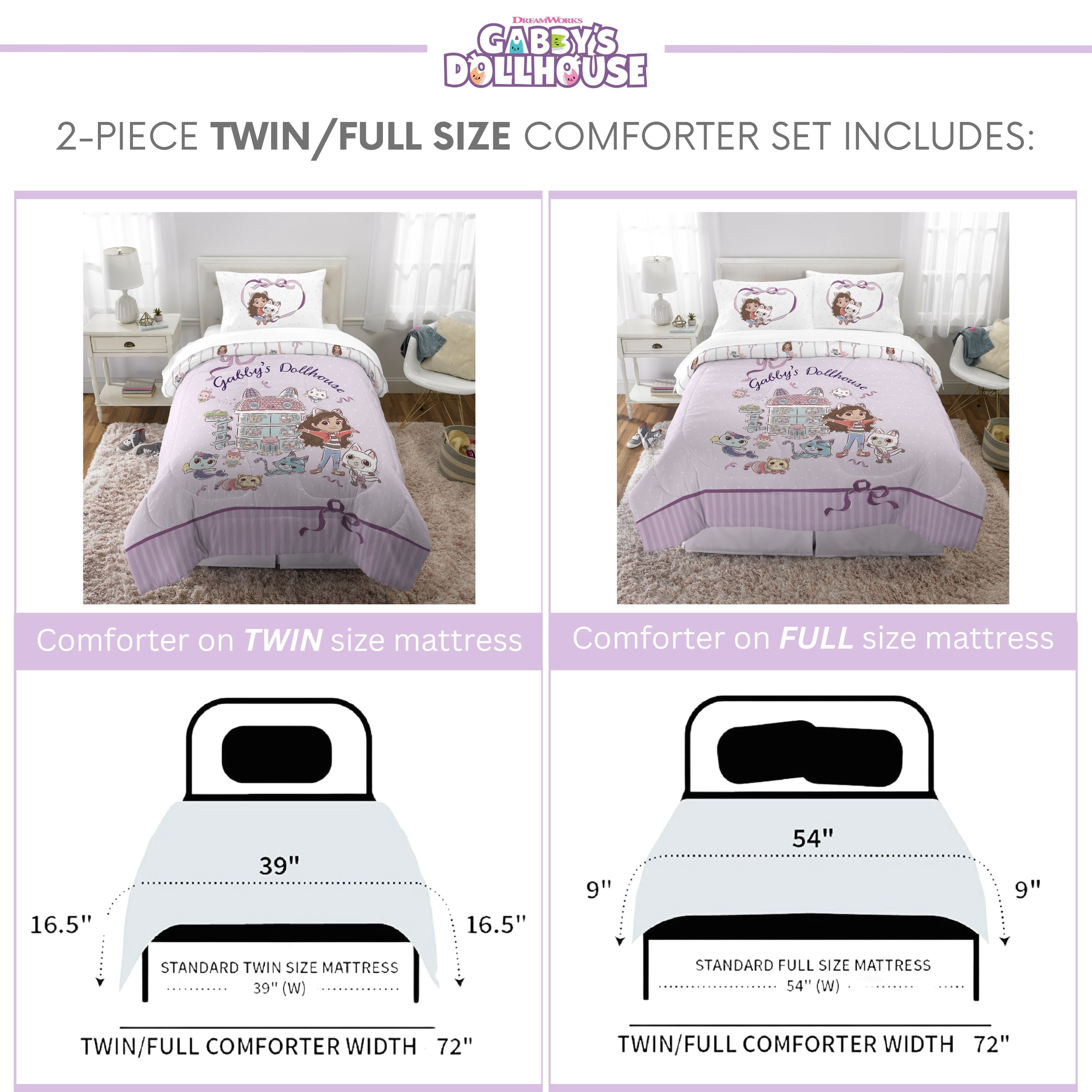 Gabby's Dollhouse Kids 2 Piece Purple Reversible Comforter and Pillowcase set, Twin/full