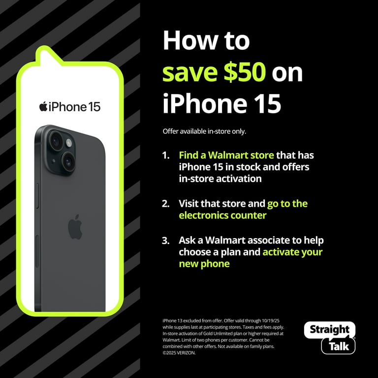 Straight Talk Apple iPhone 15, 128GB, 5G, Black - Prepaid