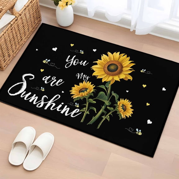 2x3 Ft Entryway Area Rug, Yellow Sunflower Kitchen Rug Runner Washable Floor Mat, Summer Flower Bee Sunshine Black Non Slip Indoor Door Mat Throw Carpet for Bathroom Living Room Bedroom