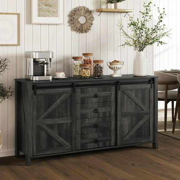 HOMCOM Farmhouse Sideboard Buffet Cabinet with Storage, 60" Kitchen Cabinet with Sliding Barn Doors and Adjustable Shelves, Distressed Dark Gray