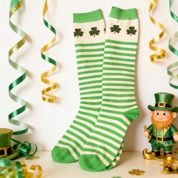 Uuiauoio 1 Pairs St.Patrick's Day Socks Shamrock-Clover-Stripe-Socks Irish-Green-Costume-Socks for St.Patrick's Day Mardi Gras