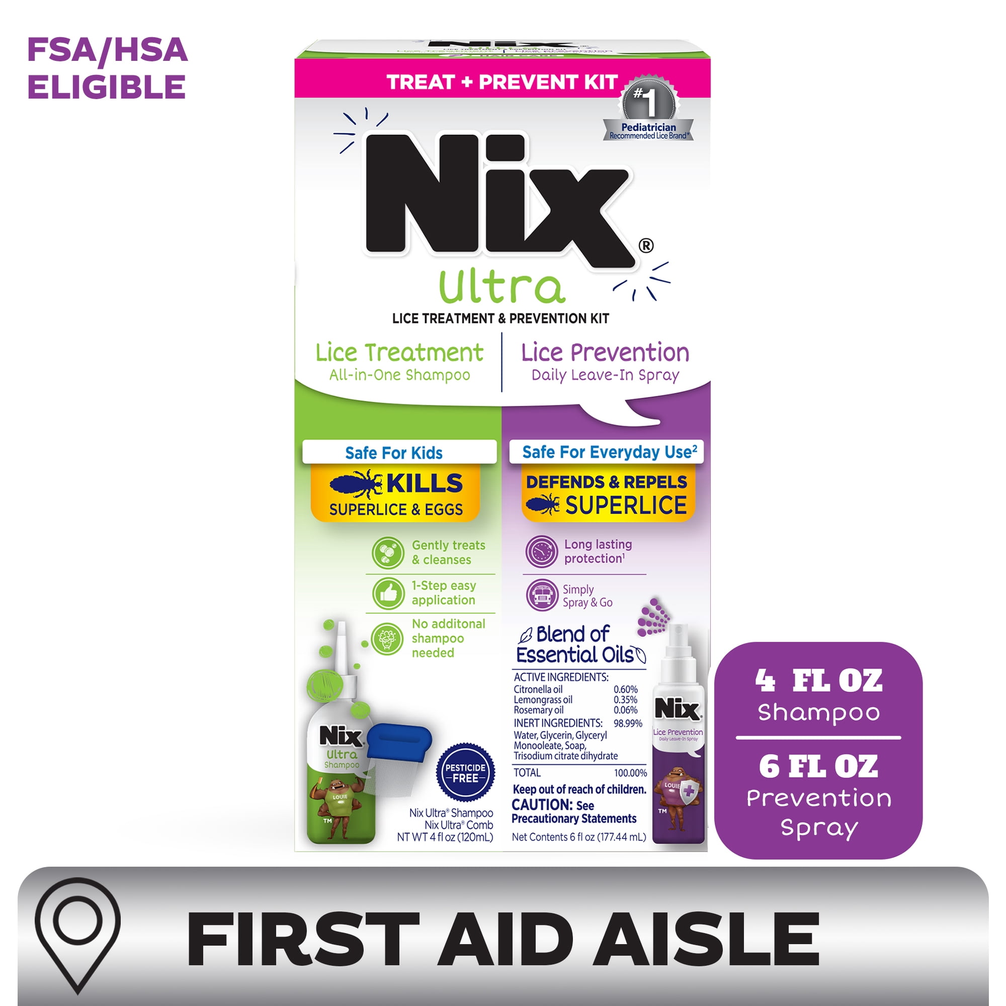 (2 pack) Nix Ultra Lice Treatment & Prevention Kit: Shampoo, Removal Comb & Daily Prevention Spray