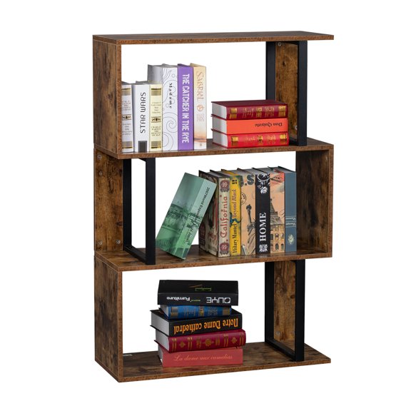 Bookcase and Bookshelf 3 Tier Display Shelf, S-Shaped Z-Shelf Bookshelves, Freestanding Multifunctional Decorative Storage Shelving for Home Office, Vintage Brown Industrial Style