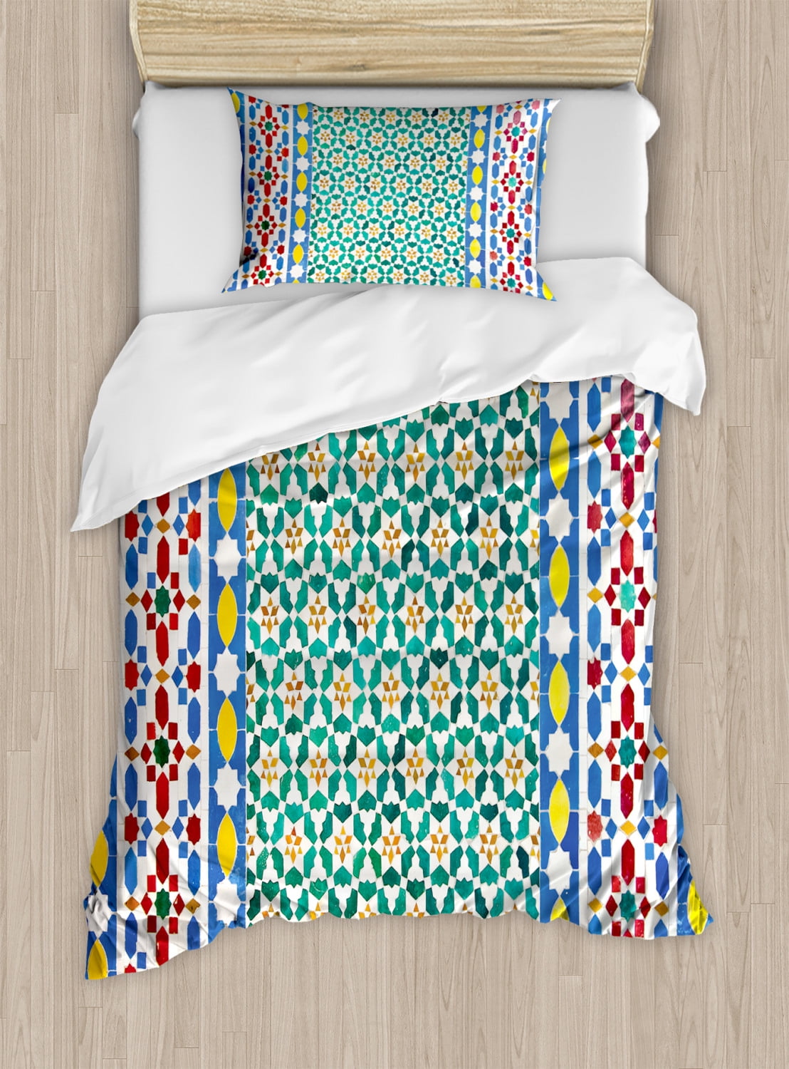 Moroccan Duvet Cover Set, Colorful Moroccan Mosaic Wall Middle East