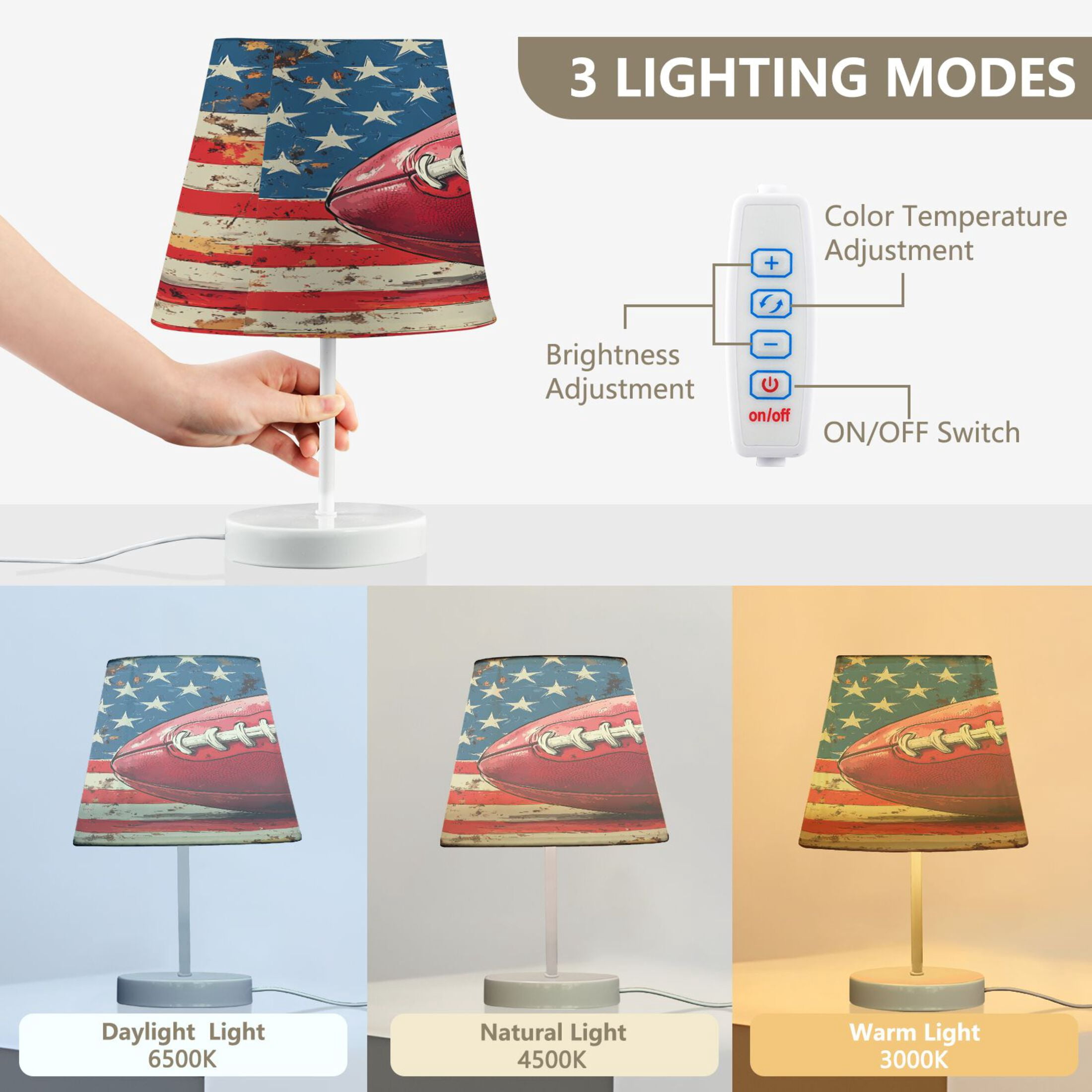LED Desk Lamp Football on American Flag Table Nightstand Lamps with 3 Color Temperatures for Home Bedroom Living Room Decor 6x11