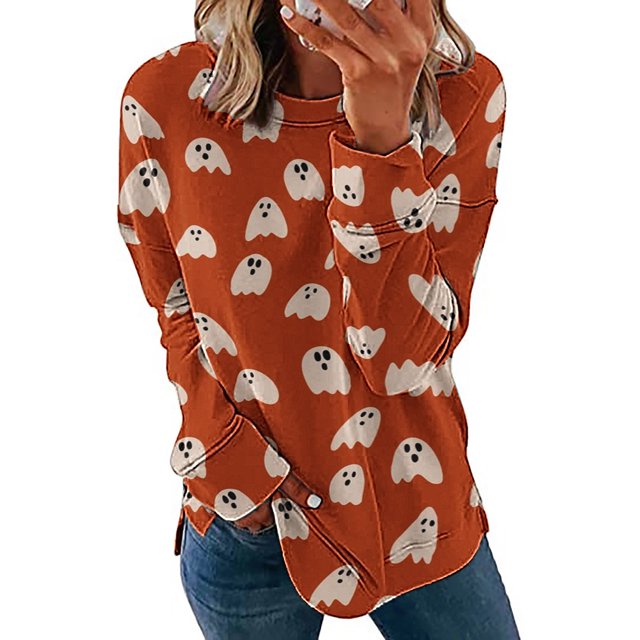 Qiopertar Mode Femmes Décontracté Imprimé Col Rond Manches Longues Blouse T-Shirt Pull Tops Offres de la Semaine Liquidation à Moins de 5$ jusqu'à 90 % de Réduction