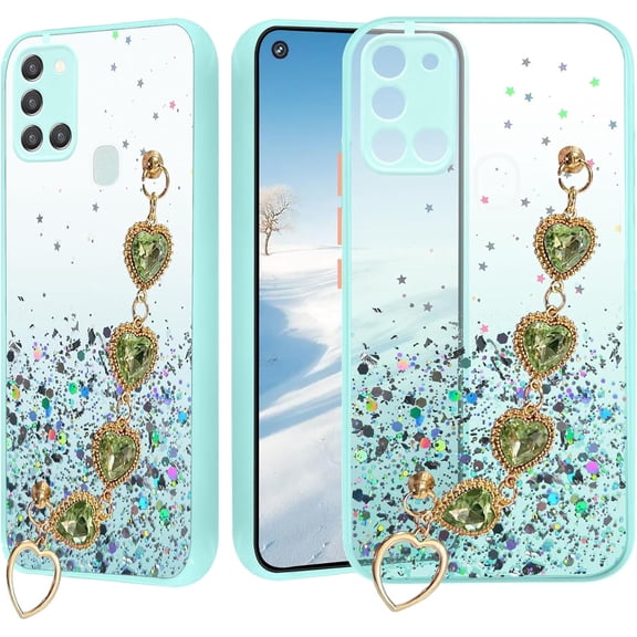 for Samsung A31 Case Clear Glitter Silicone, Shockproof Samsung Galaxy A31 Phone Case with Chain Strap Bracelet for Women Aesthetic Transparent Cover Pink Cute (Green)