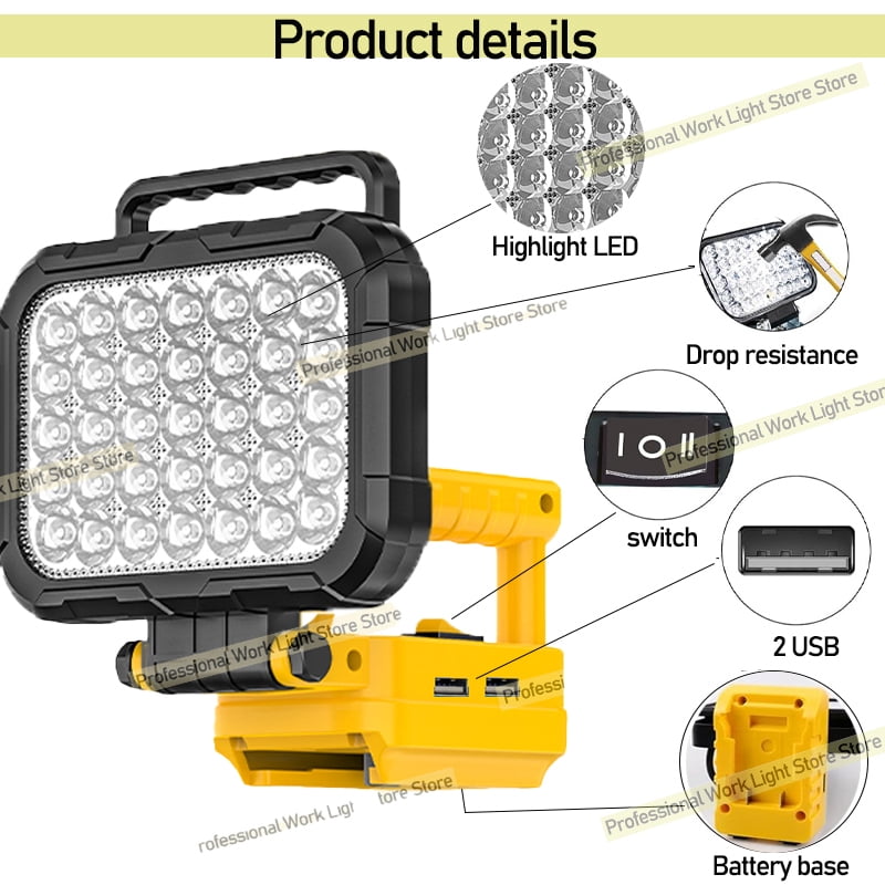 3" Power Tool Parts For De*walt 20V Battery LED Work Lights Outdoor Lamp Hand Lantern Spotlight USB Charger