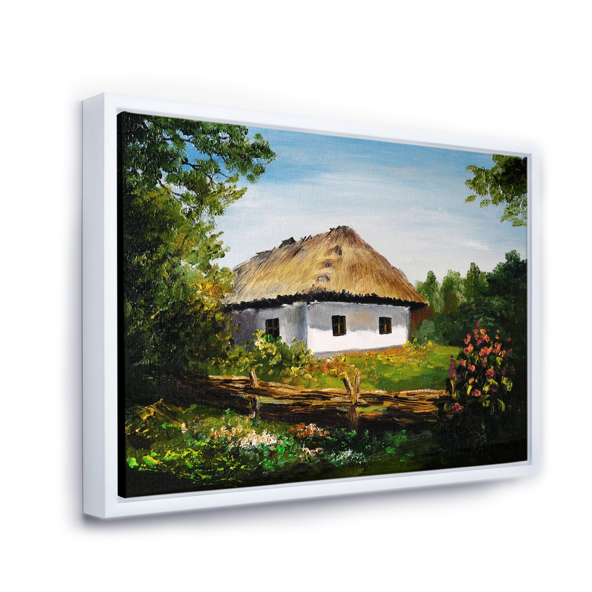 Designart 'Traditional Cottage At Sunrise In Summer' Traditional Framed Canvas Wall Art Print