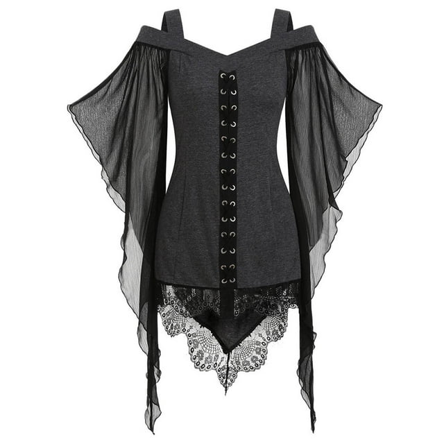 YanHoo Women's Plus Size Gothic Blouses Mesh Butterfly Sleeve Corset ...